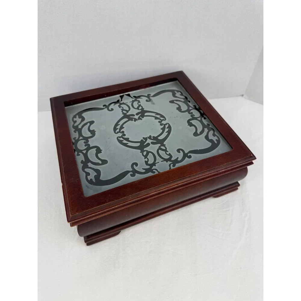 Vintage‎ Wooden Jewelry Box Etched Glass Lid 9 Compartments Cherry Finish